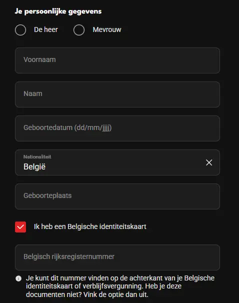 Snel formulier om een spelersaccount aan te maken